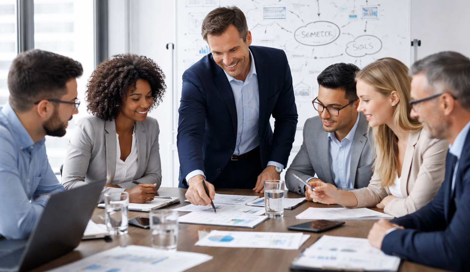 Líder guiando a un equipo diverso en una oficina moderna, fomentando colaboración entre departamentos y visión global centrada en el cliente.