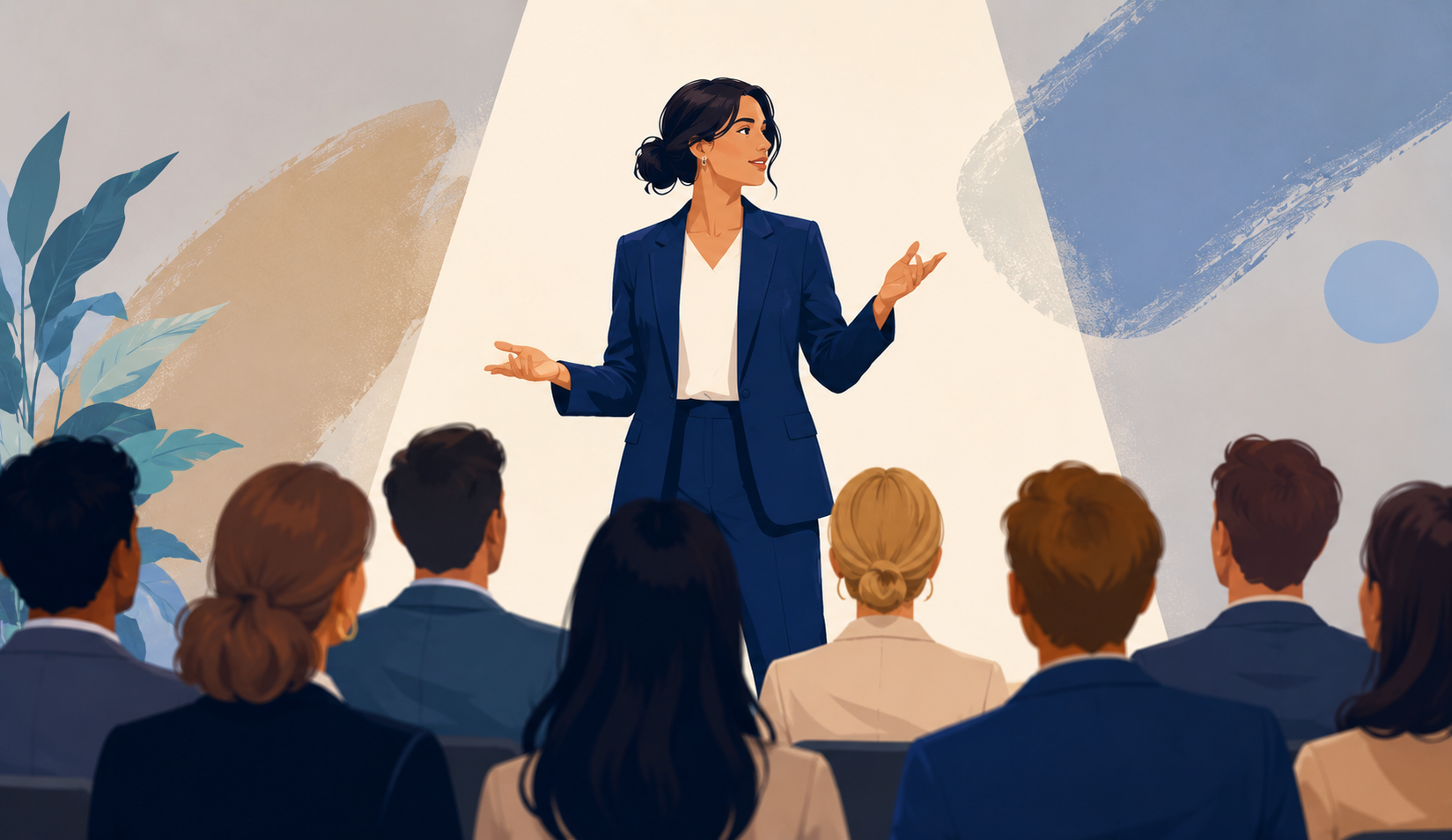 Comunicar en público: ilustración de un ejecutivo realizando una presentación con seguridad ante un grupo de profesionales.