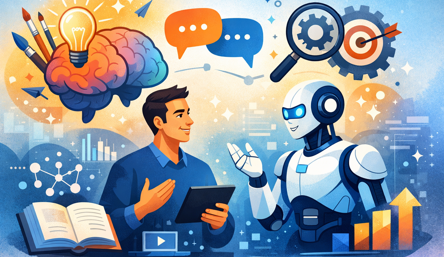 Equilibrio entre soft skills y hard skills: a la izquierda, un cerebro con iconos de creatividad, comunicación y aprendizaje continuo, representando las soft skills; a la derecha, símbolos de tecnología, datos y algoritmos, representando las hard skills. Un humano y un robot interactúan sobre la balanza, simbolizando la colaboración entre capacidades humanas y herramientas de IA.