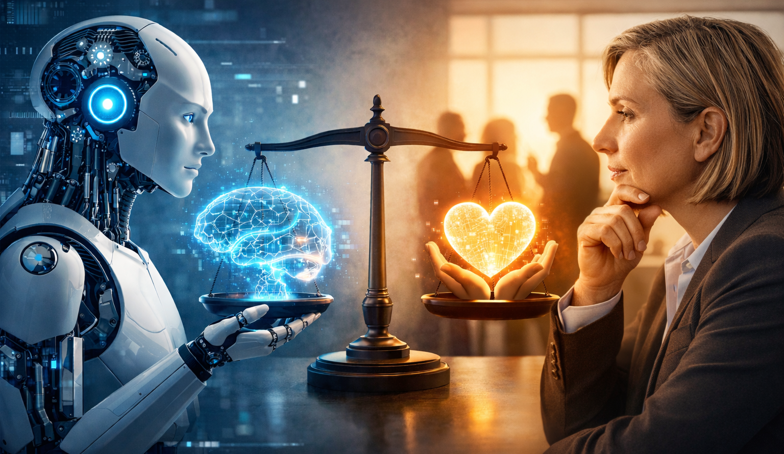 Inteligencia Artificial y liderazgo consciente: robot y mujer ejecutiva equilibran tecnología y liderazgo humano, simbolizando transformación digital y coaching ejecutivo.