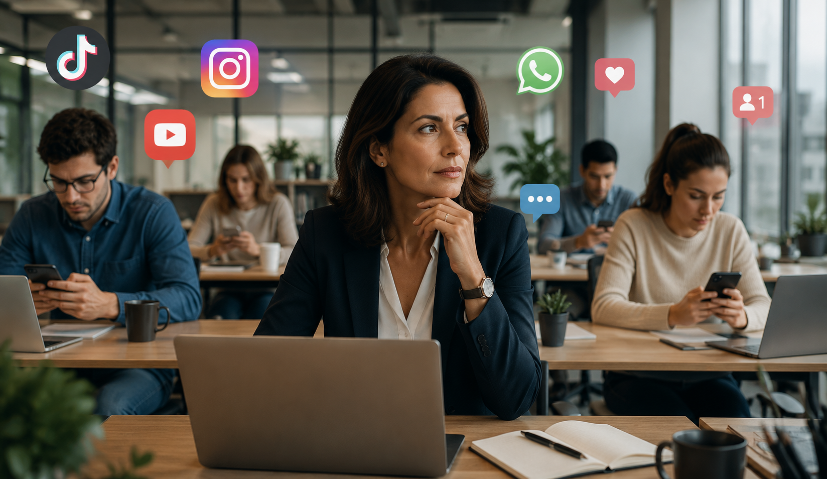 Líderes de oficina moderna mientras varios empleados se distraen con redes sociales y móviles durante la jornada laboral.