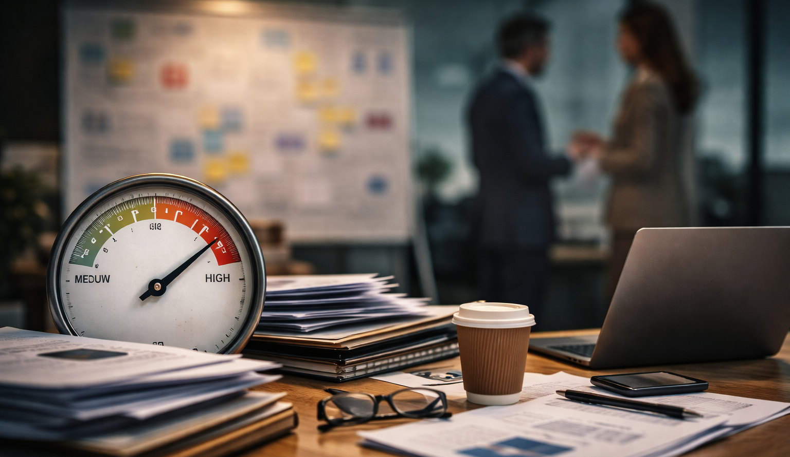 Agotamiento silencioso de mandos intermedios: tablero con post-its, gráficos y notas que muestran responsabilidad y tensión organizativa.