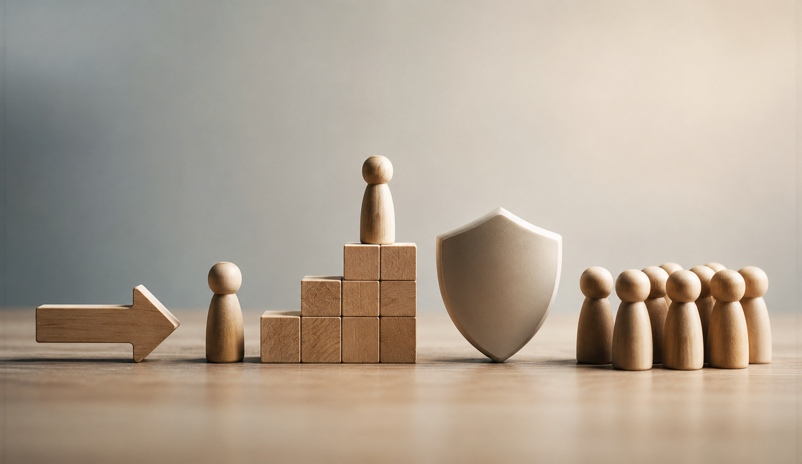Productividad y modelo de liderazgo representados mediante figuras de madera en una composición minimalista que simboliza dirección, orden y protección de equipos.