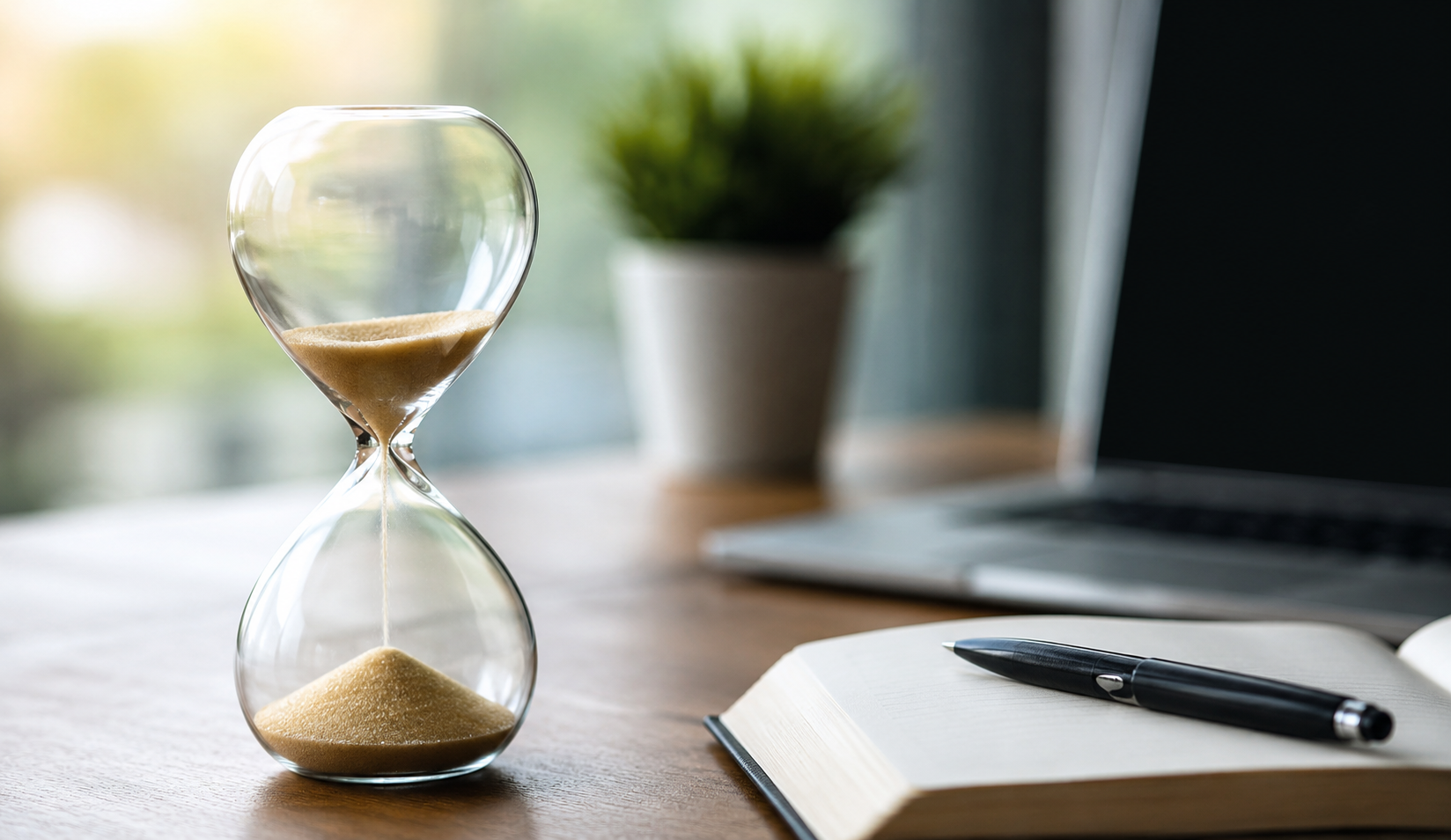Reloj de arena sobre una mesa de trabajo junto a una libreta y un bolígrafo, simbolizando el paso del tiempo, la sobrecarga de agenda y la necesidad de recuperar foco, equilibrio y claridad mental en el liderazgo ejecutivo.