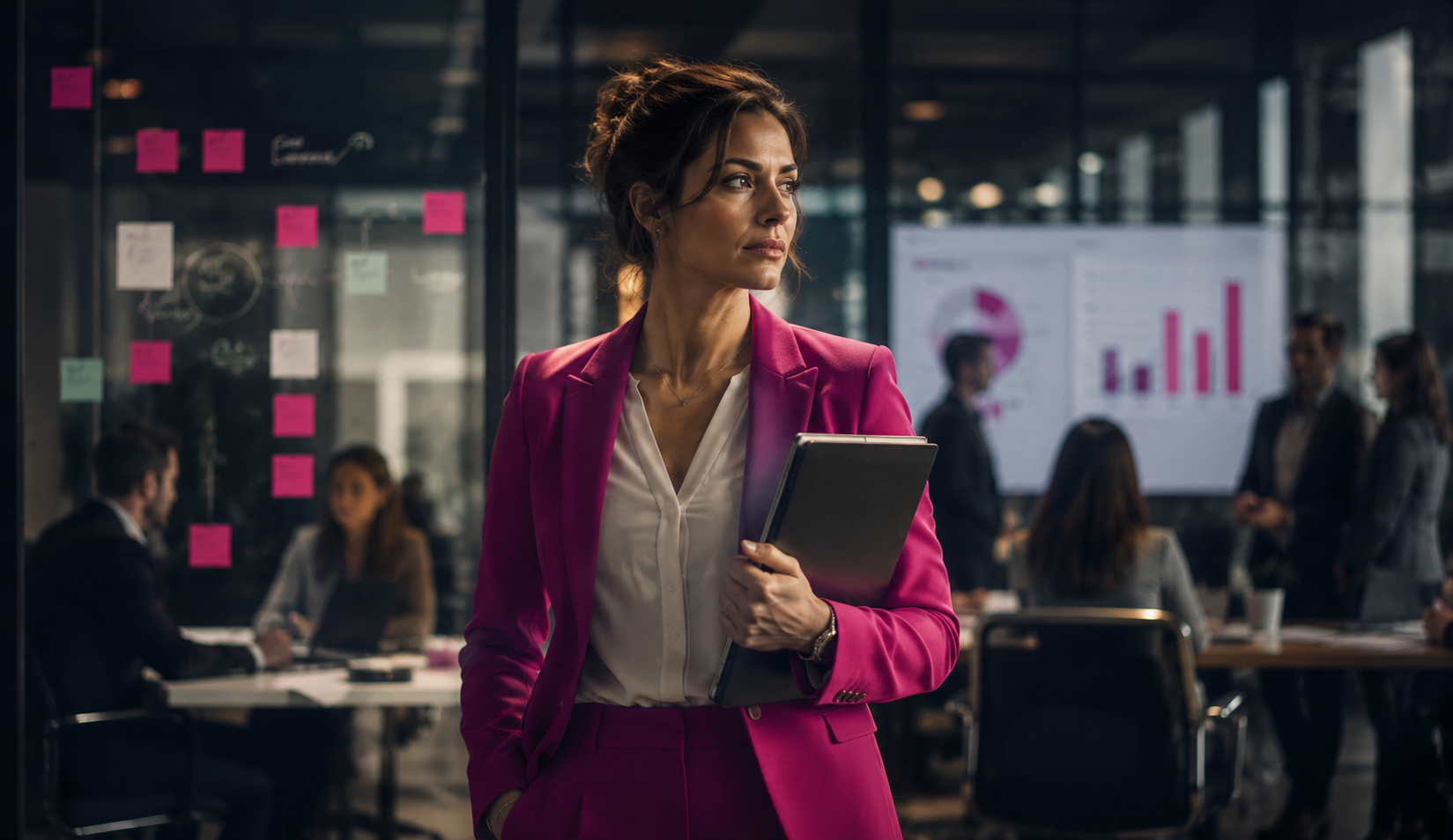 Ejecutiva de mando intermedio con traje fucsia mostrando signos de agotamiento mientras sostiene el equilibrio entre las exigencias de la dirección y las necesidades de su equipo, representación del desgaste de los mandos intermedios.