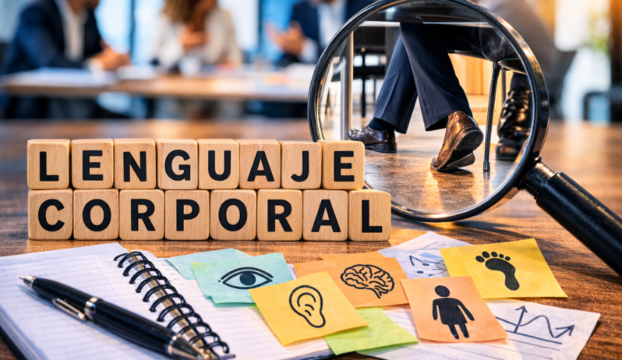 Lenguaje corporal: primer plano de un pie de directivo apuntando a la puerta durante una reunión, visto a través de una lupa, con la sala difuminada al fondo.