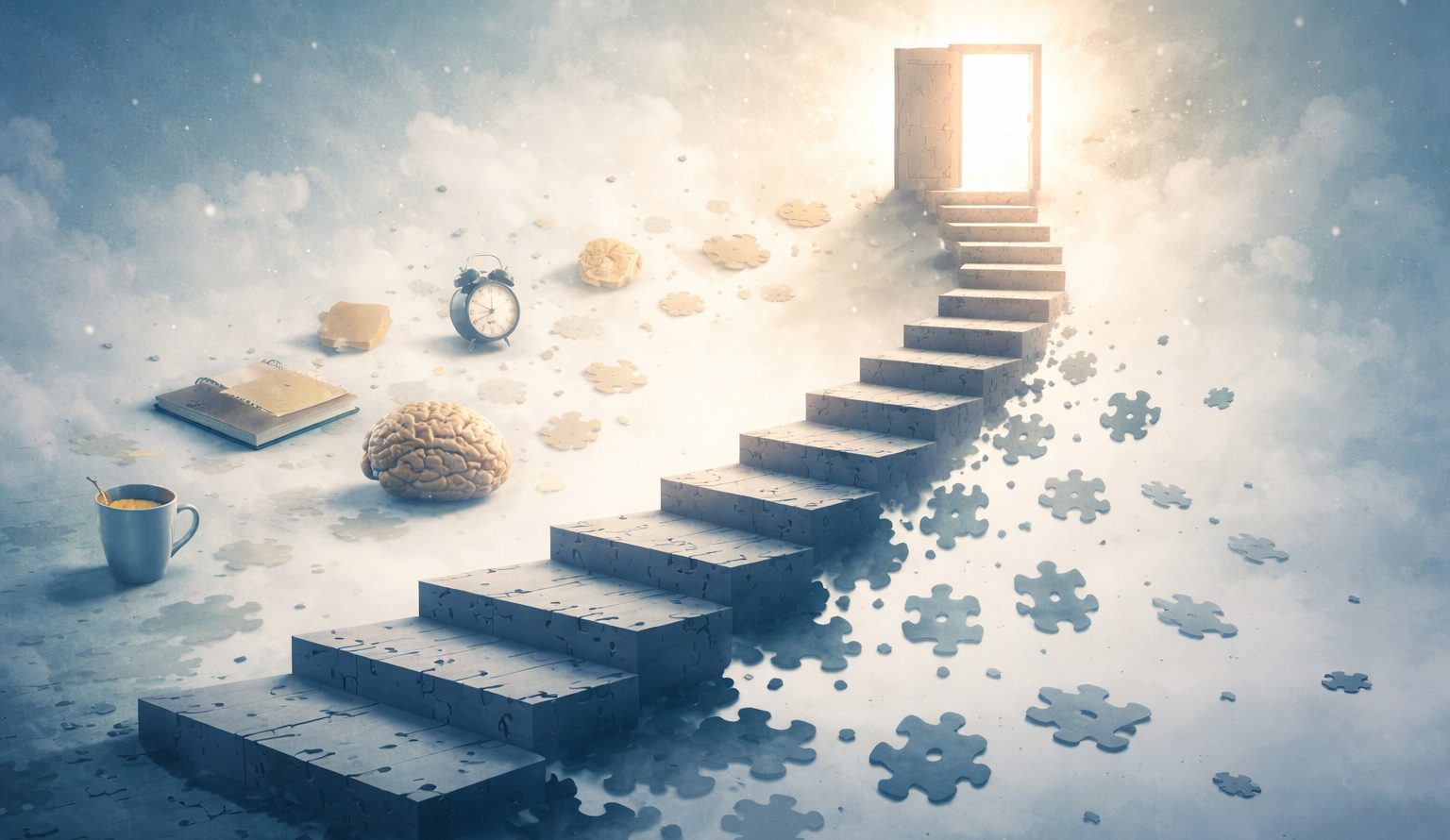 Curva del olvido representado como una escalera de piezas que se desintegran progresivamente mientras conduce hacia una puerta luminosa, simbolizando la pérdida de aprendizaje con el paso del tiempo.